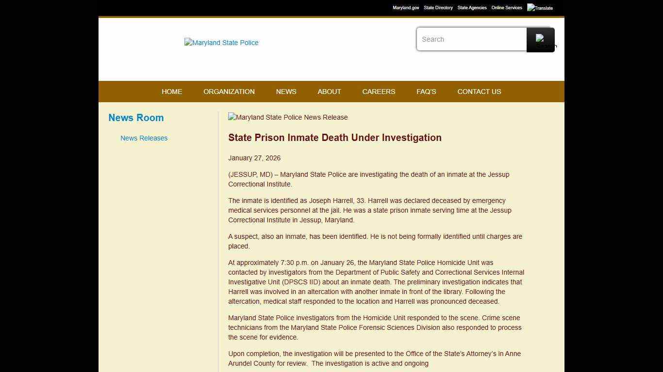 State Prison Inmate Death Under Investigation