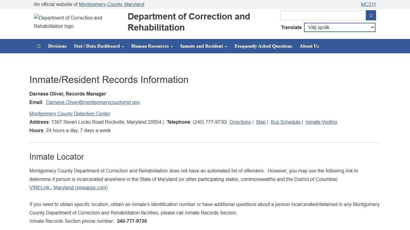 MONTGOMERY COUNTY, MD - DEPARTMENT OF CORRECTION AND REHABILITATION - INMATE LOCATOR